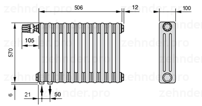 Схема (чертеж) Радиатор Zehnder Charleston 3057/11 №V001 Technoline TL